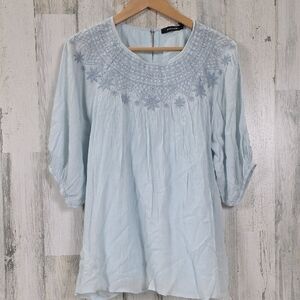 Doe & Rae Light Blue Embroidered Fully Lined Peasant Blouse Size XL NEW